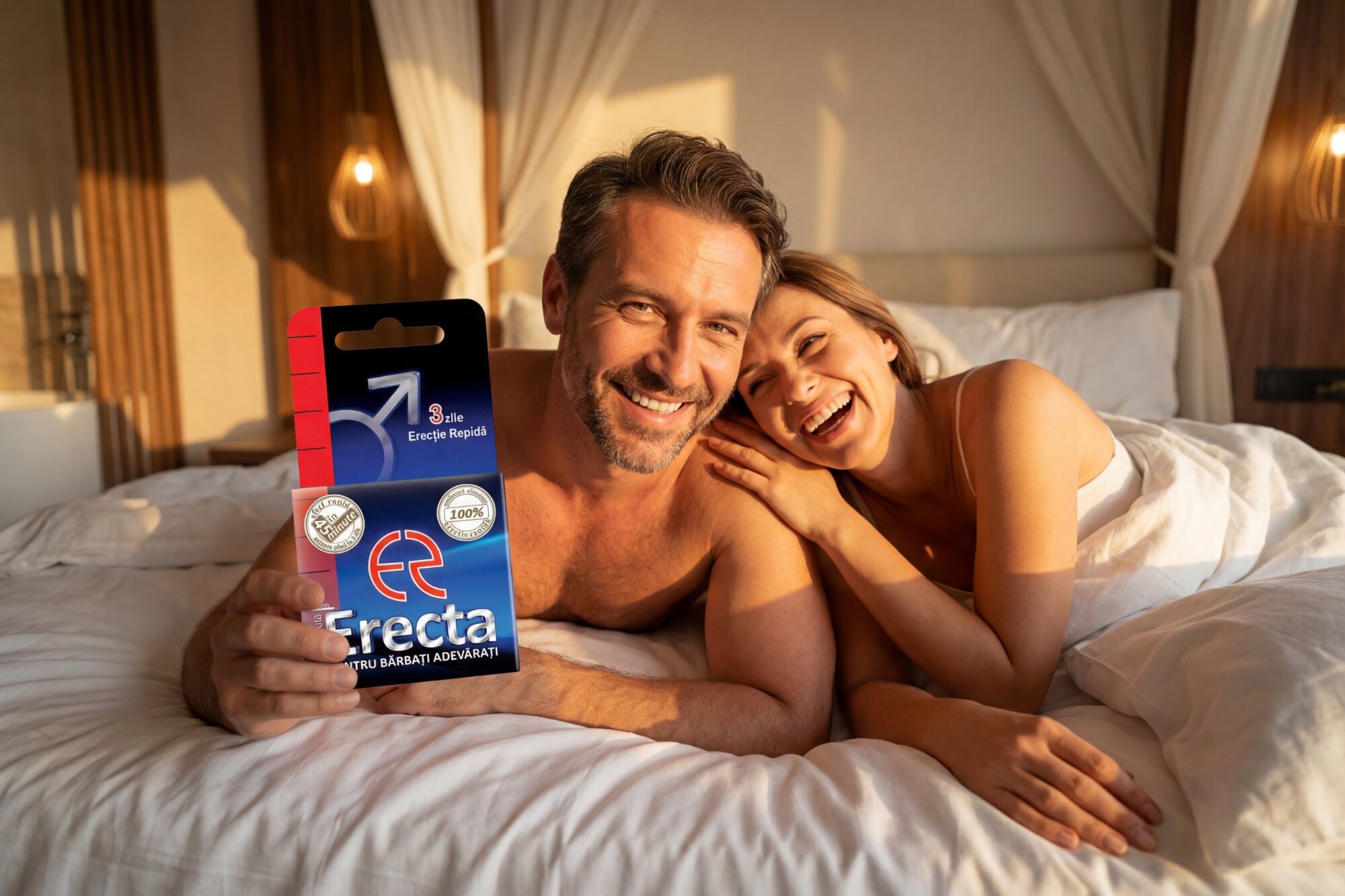 Erecta pastile potență cuplu fericit în pat bărbatul ține produsul Erecta în față — Erecta vs Viagra diferențe supliment natural România Erotica.ro