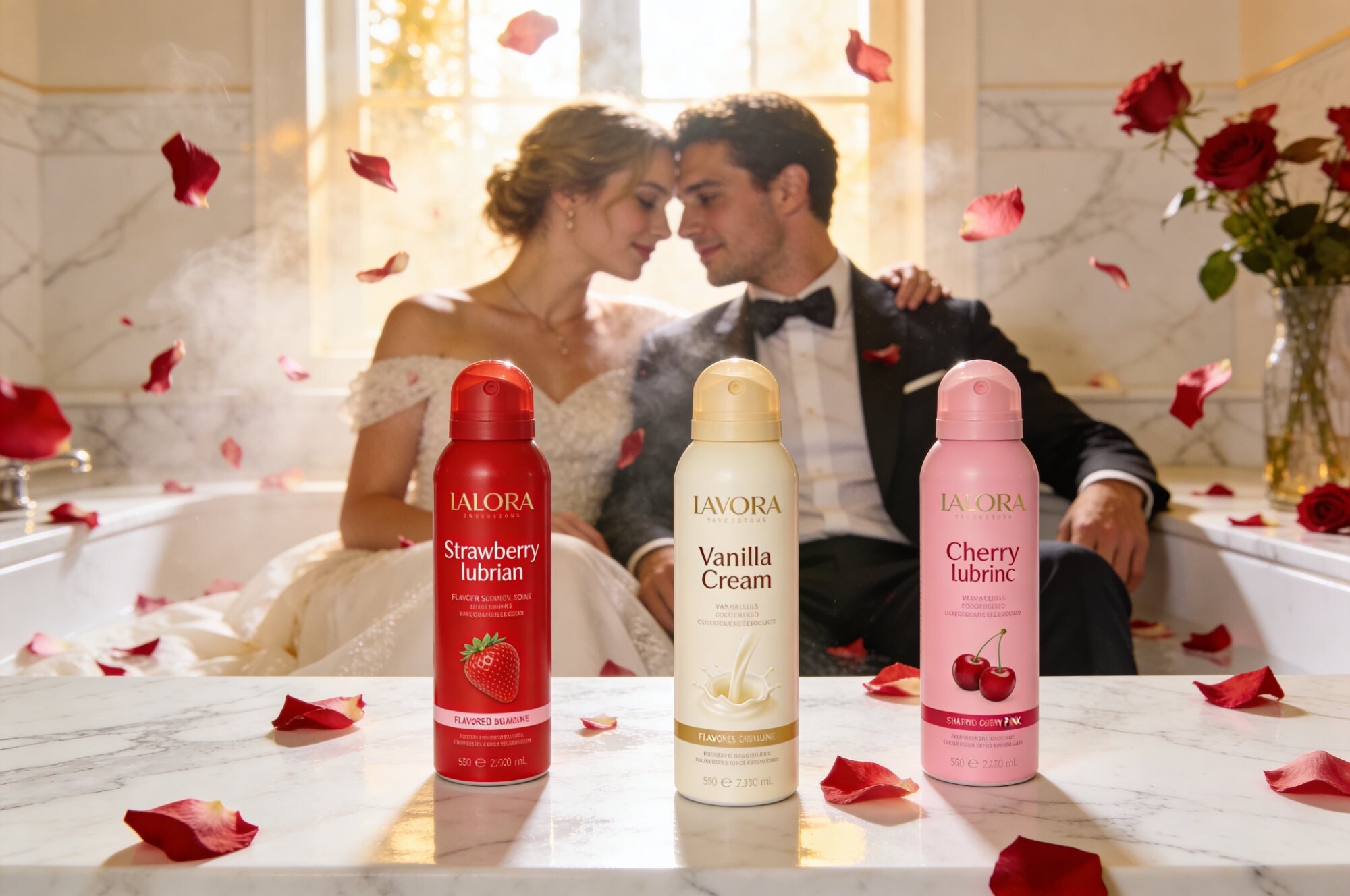 Trei flacoane lubrifiant cu arome capsuni vanilie cirese pe marmura cu cuplu romantic — Lubrifiant cu arome ghid | Erotica.ro