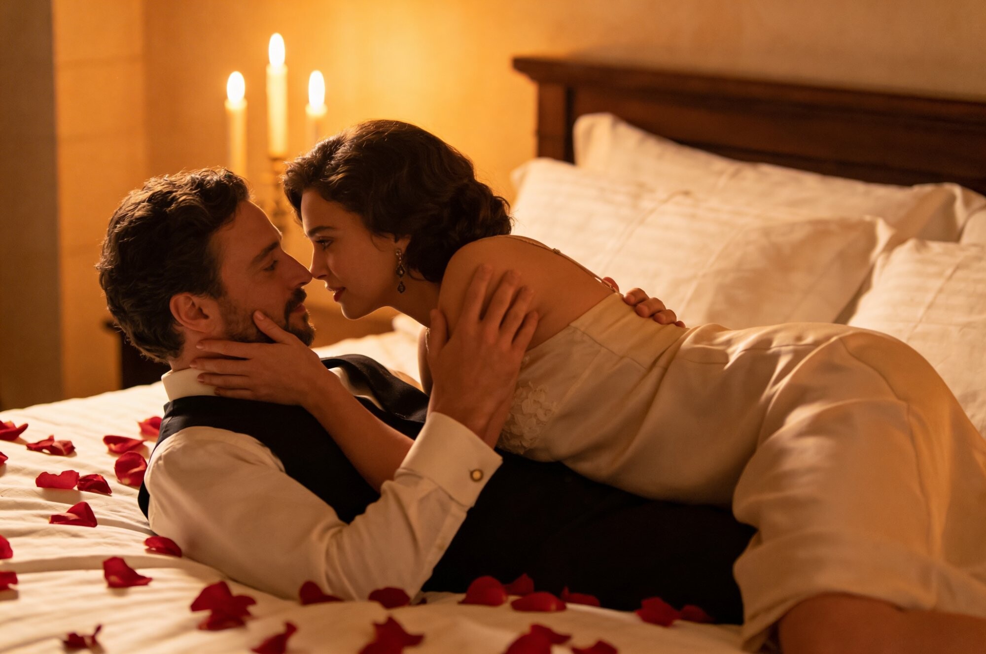 Cuplu romantic italian pe pat cu lumanari si petale de trandafir — Cum imbunatatesti viata sexuala in cuplu | Erotica.ro