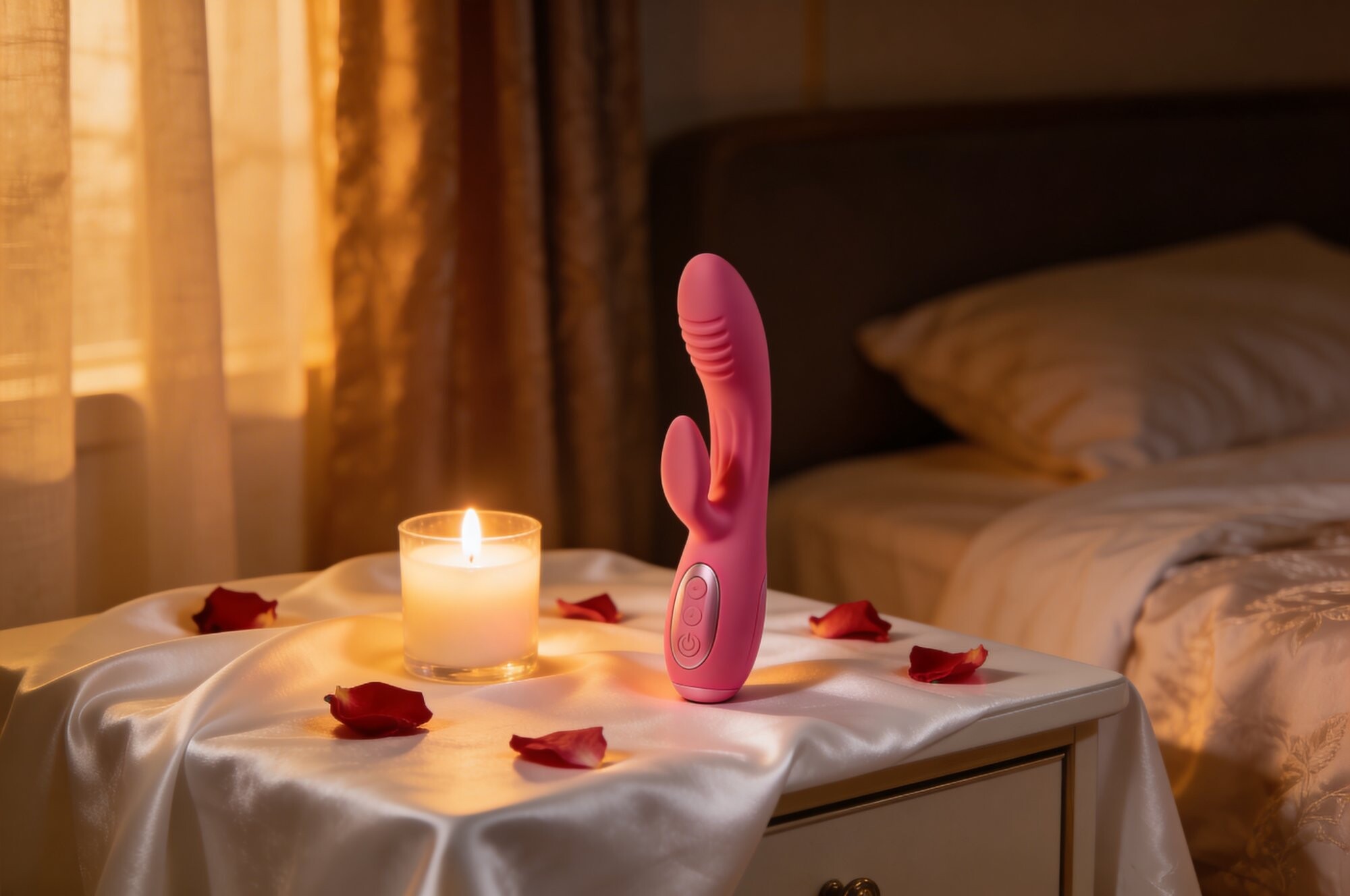 Vibrator rabbit roz pe noptiera cu lumanare si petale — Ghid complet | Erotica.ro